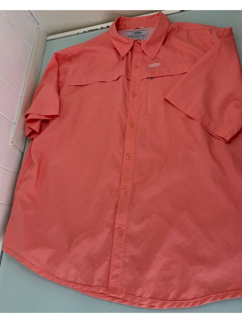 Aftco Fishing Shirt 2XL XXL Short Sleeve Button Up Peach Vented Outdoor Utility